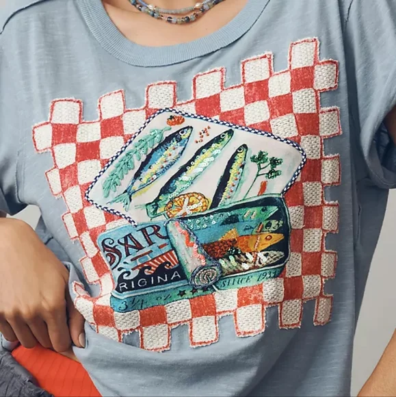 🪷NWT Anthropologie Maive Sardine Linen Blend Graphic Tee In Sardine Print, XL🌙 - Picture 9 of 9